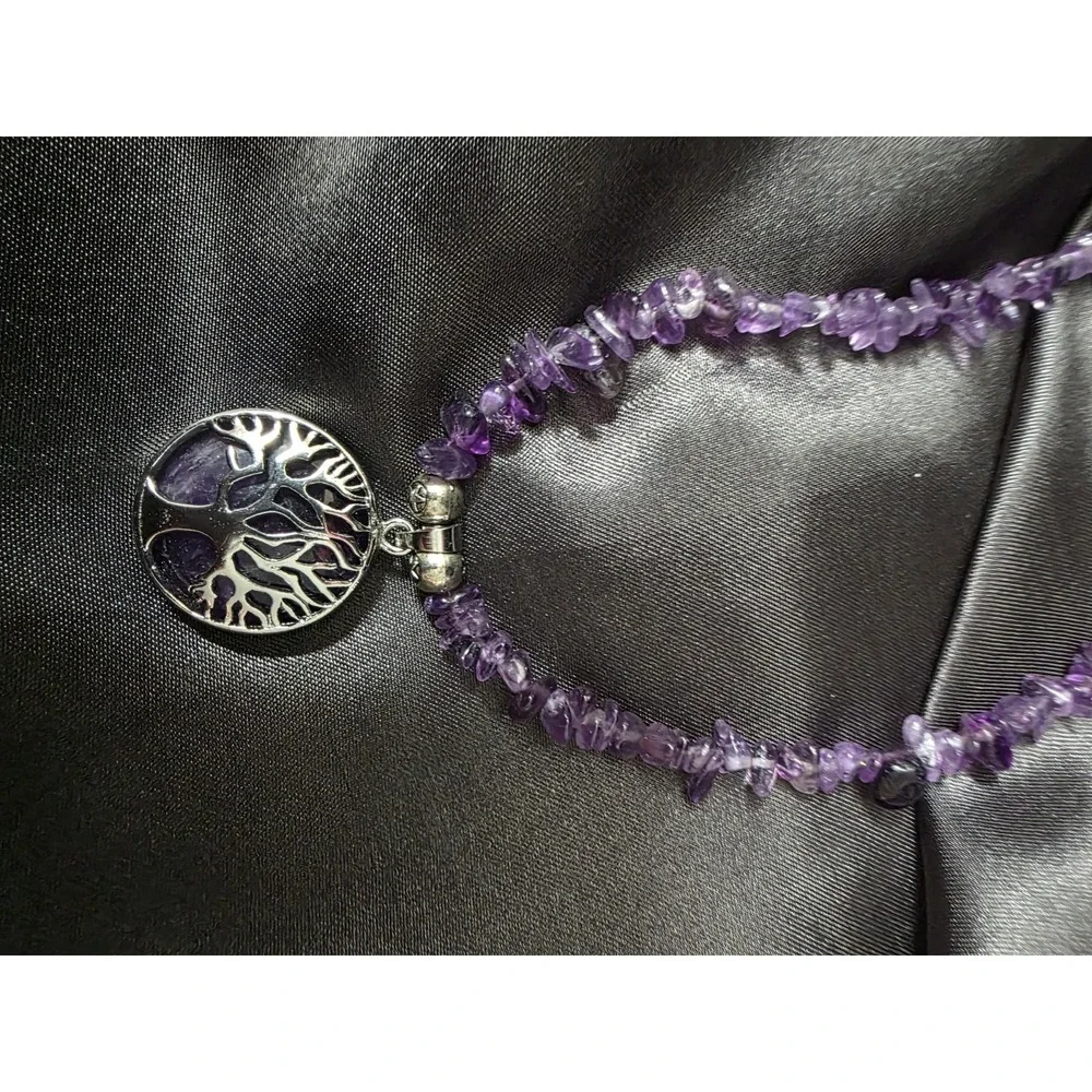 Amethyst Tree Of Life Silver Plated Pendant Healing Stone Necklace
